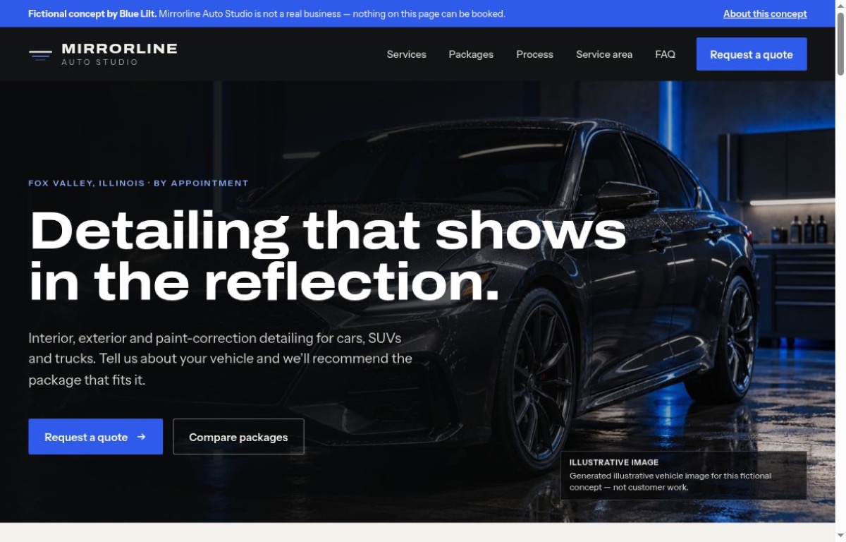 Mirrorline Auto Studio fictional demo homepage
