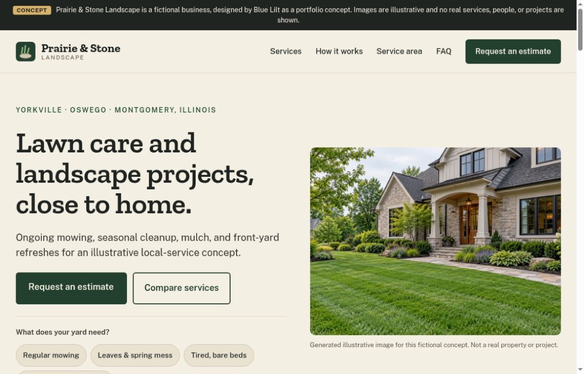 Prairie and Stone Landscape fictional demo homepage