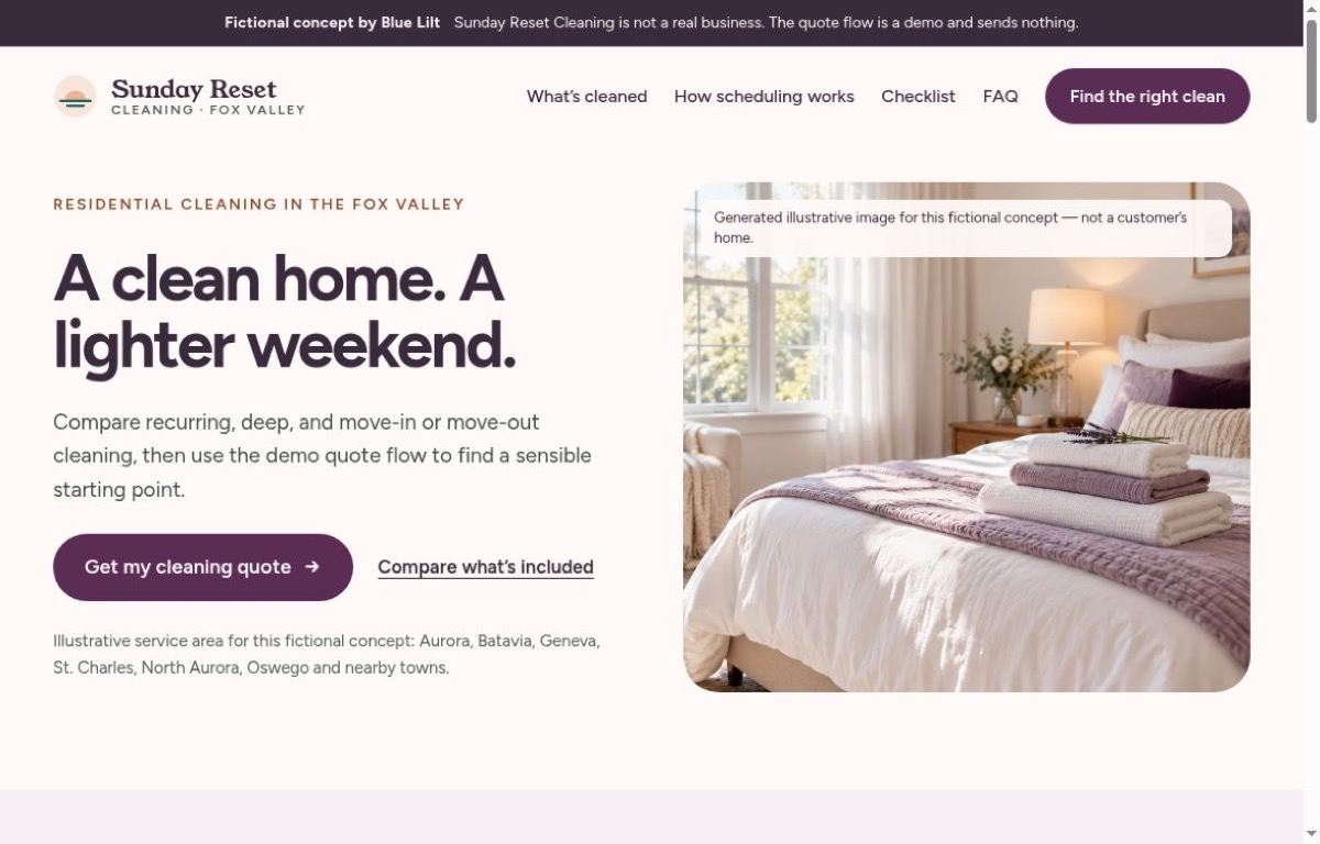 Sunday Reset Cleaning fictional demo homepage